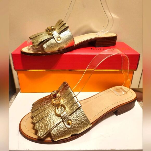 KATE SPADE NEW YORK Brie Kiltie Gold Leather Slide Sandals Sz.8.5 Ret$399 in Box - Picture 1 of 10